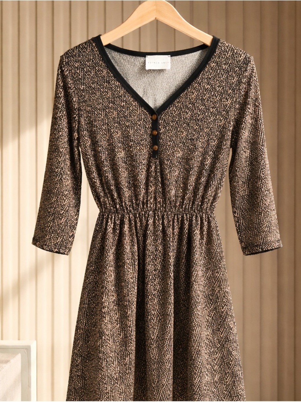 French Grey Black and Cream V-Neck Button-Front Long Sleeve Dress